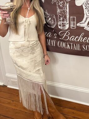 12th Tribe Fringe Cream Maxi Skirt